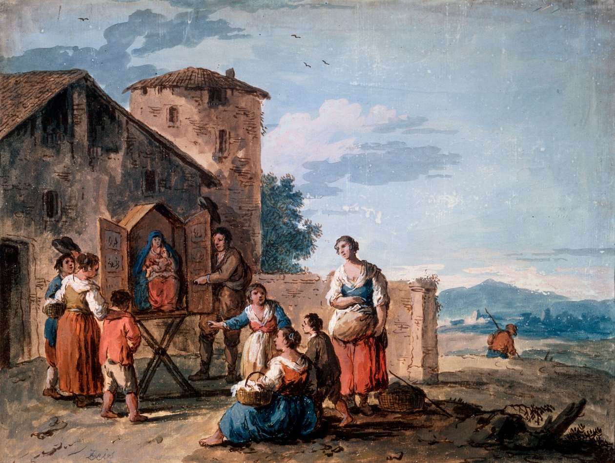 Skupina rolníků před svatostánkem se sochou Stojící Madony, c1750. od Giuseppe Zais
