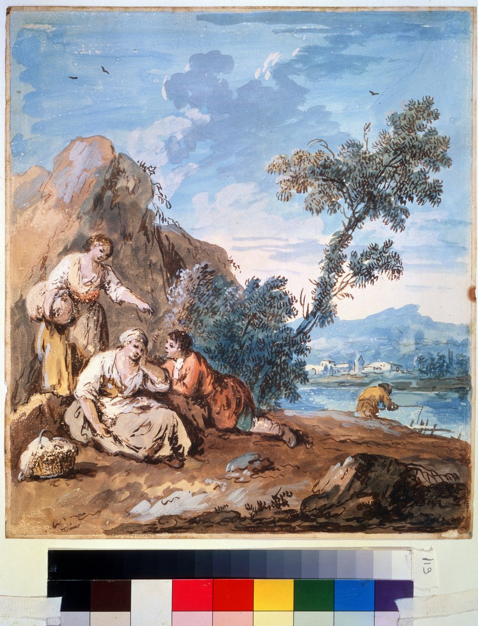 Tři rolníci odpočívající na břehu řeky. Obraz Giuseppe Zaise (1709-1784). Akvarel na papíře, 29,5 x 26,2 cm, kolem 1750. Benátská škola, italské malířství 18. stol. Puškinovo muzeum výtvarného umění, od Giuseppe Zais