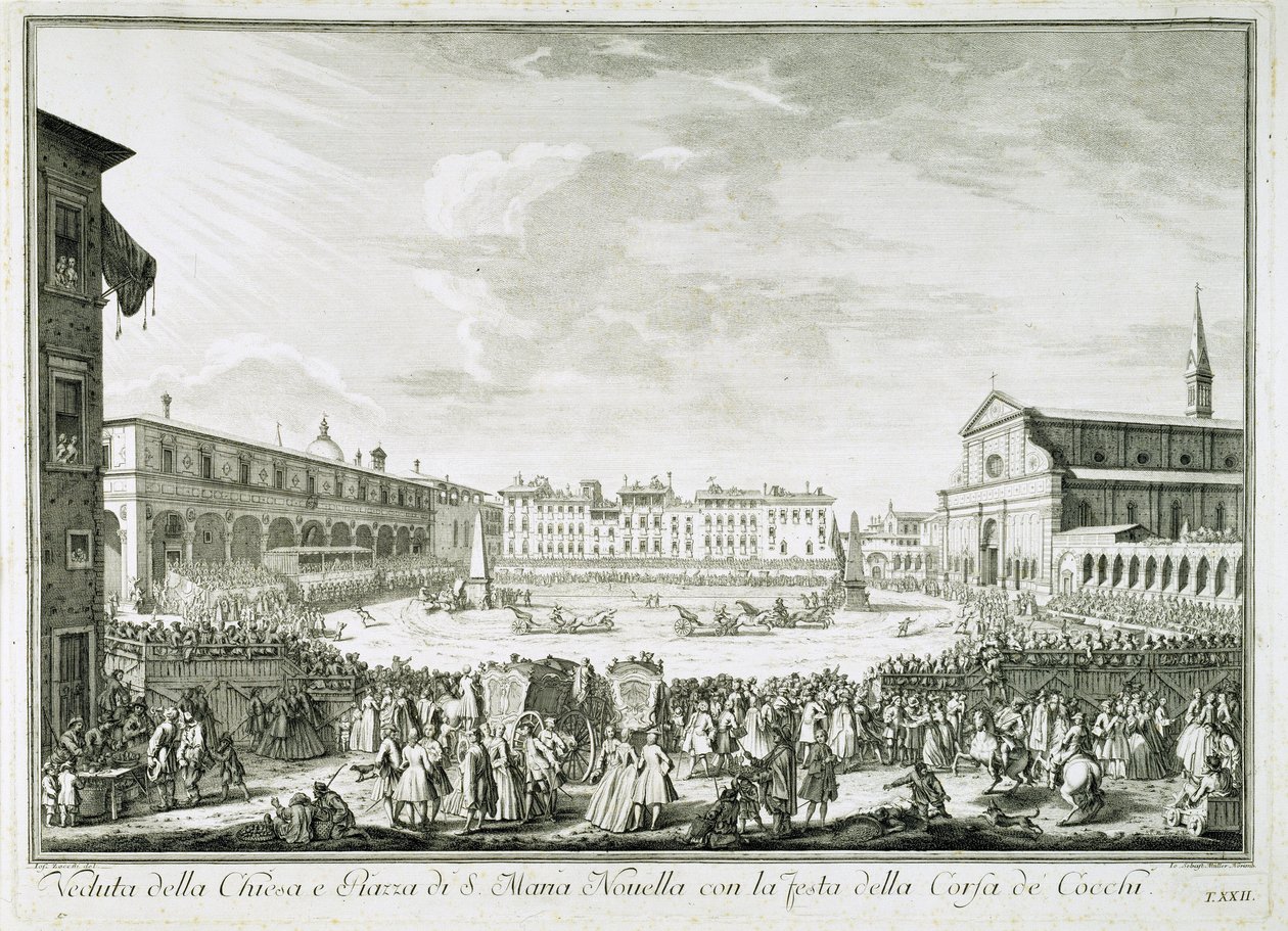 Slavnost Corsa dei Cocchi na náměstí Santa Maria Novella. Svátek Corsa dei Cocchi na náměstí kostela Santa Maria Novella ve Florencii. Kresba Giuseppe Zocchiho (1711-1767). Florencie, Biblioteca Riccardiana. od Giuseppe Zocchi