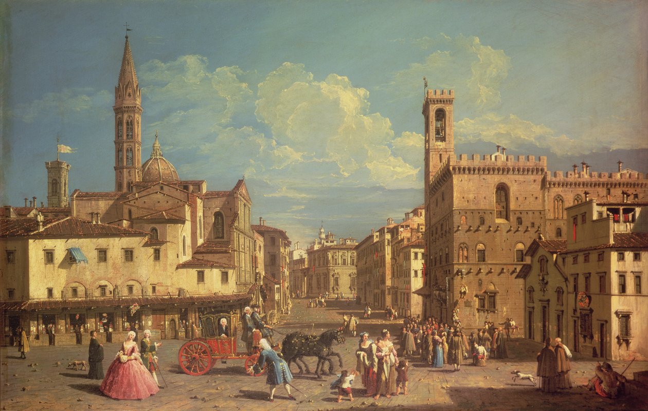 Badia Fiorentina a Palazzo Del Podesta na Piazza di San Firenze, kolem roku 1754 (olej na plátně) od Giuseppe Zocchi
