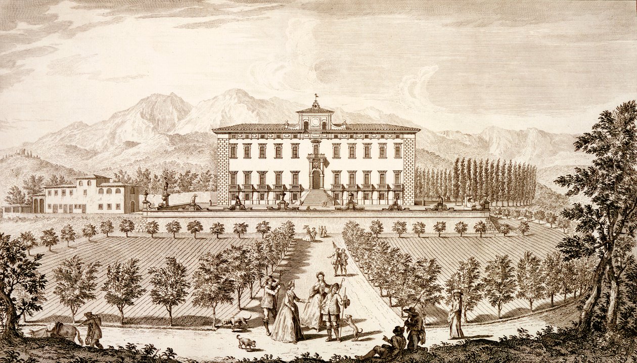 Pohled na vilu del Barone z knihy Giuseppe Boucharda "Pohledy na Toskánsko", vydané v letech 1744-57. od Giuseppe Zocchi