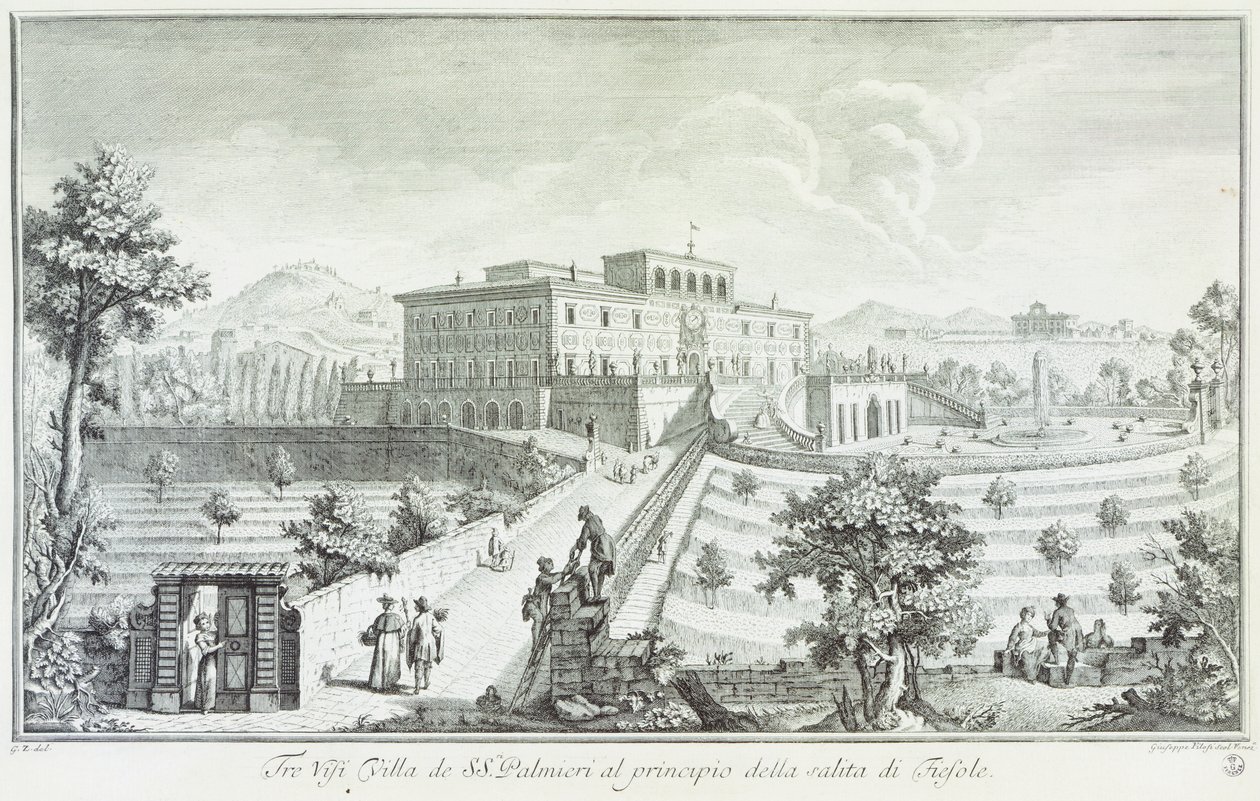 Villa Palmieri ve Fiesole, Giuseppe Zocchi (1711-1767), Pohled na vily a okolí v Toskánsku, Itálie od Giuseppe Zocchi