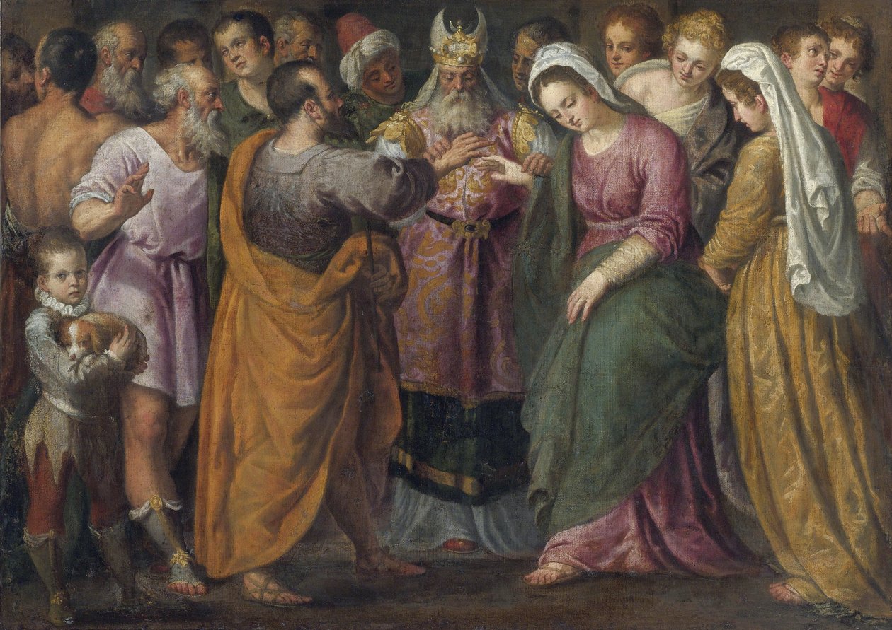 Le mariage de Marie et Joseph - Manželství Marie a Josefa par Salviati, Giuseppe (1520-1575). Olej na plátně, rozměr : 116,8x164, , Soukromá sbírka od Giuseppe della Porta Salviati