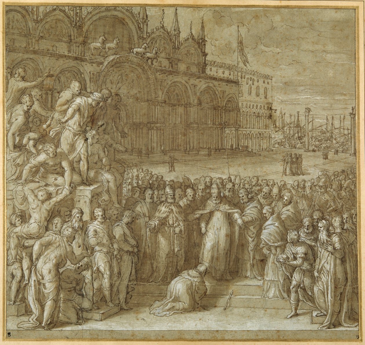 Usmíření mezi papežem Alexandrem III. a Frederickem Barbarossou za přítomnosti dóžete Sebastiana Zianiho (pero a hnědý inkoust s hnědým praním a zvýrazňováním) od Giuseppe della Porta Salviati