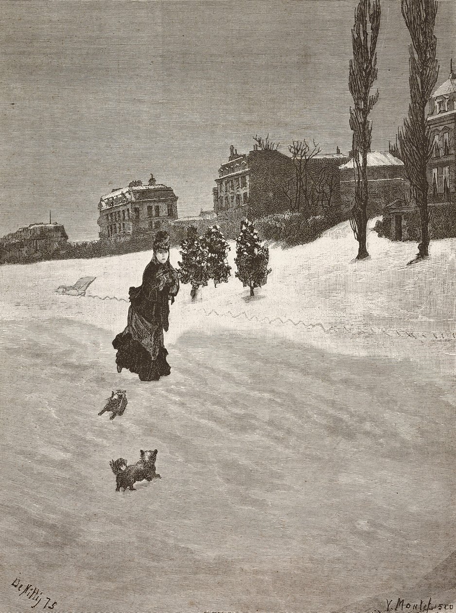 Je zima!, žena chodící ve sněhu, rytina z obrazu Giuseppe De Nittis, kresba Montefusco, L