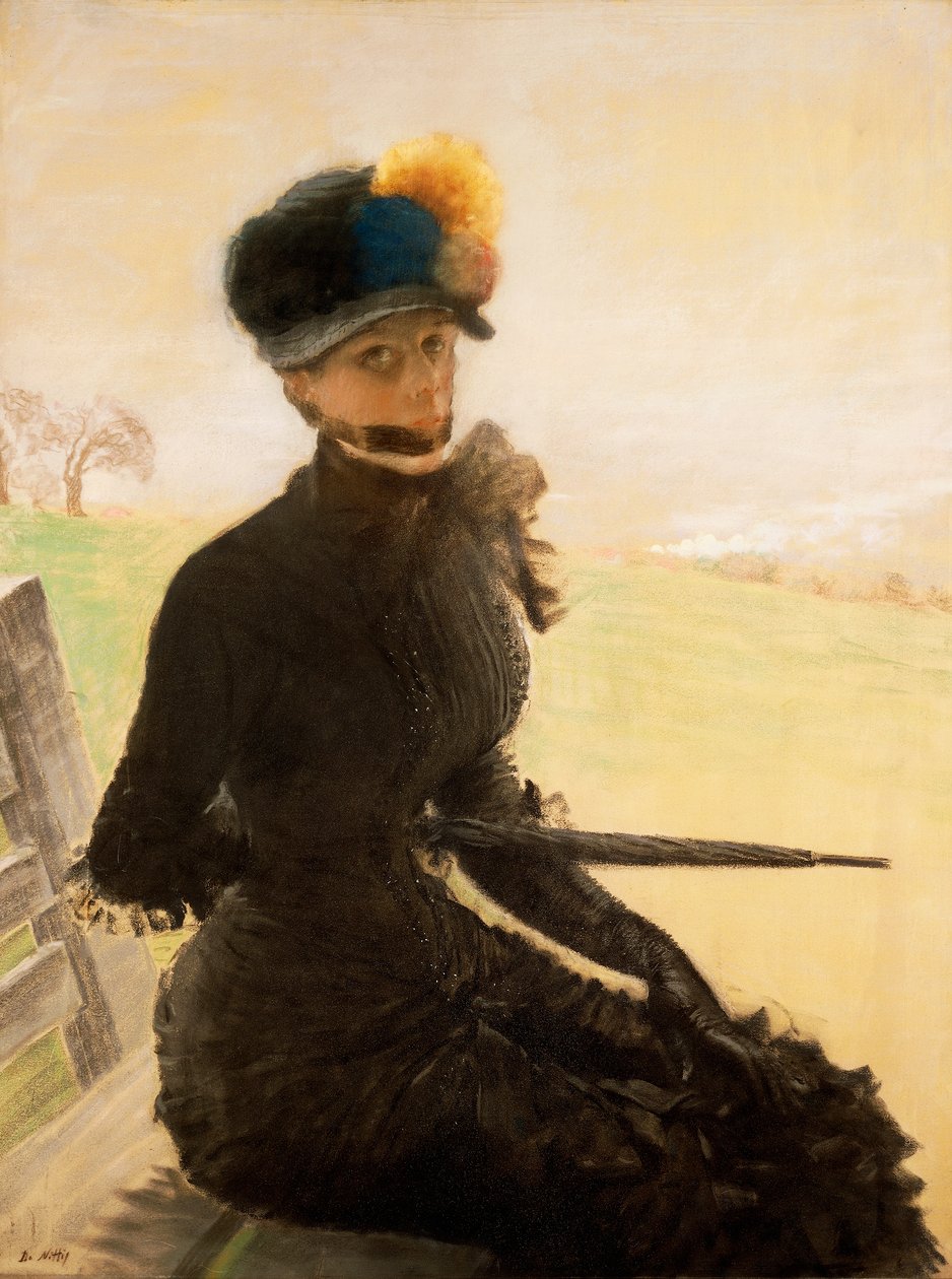La femme aux pompoms (Žena s bambulí), kolem roku 1879 (pastel na plátně) od Giuseppe or Joseph de Nittis