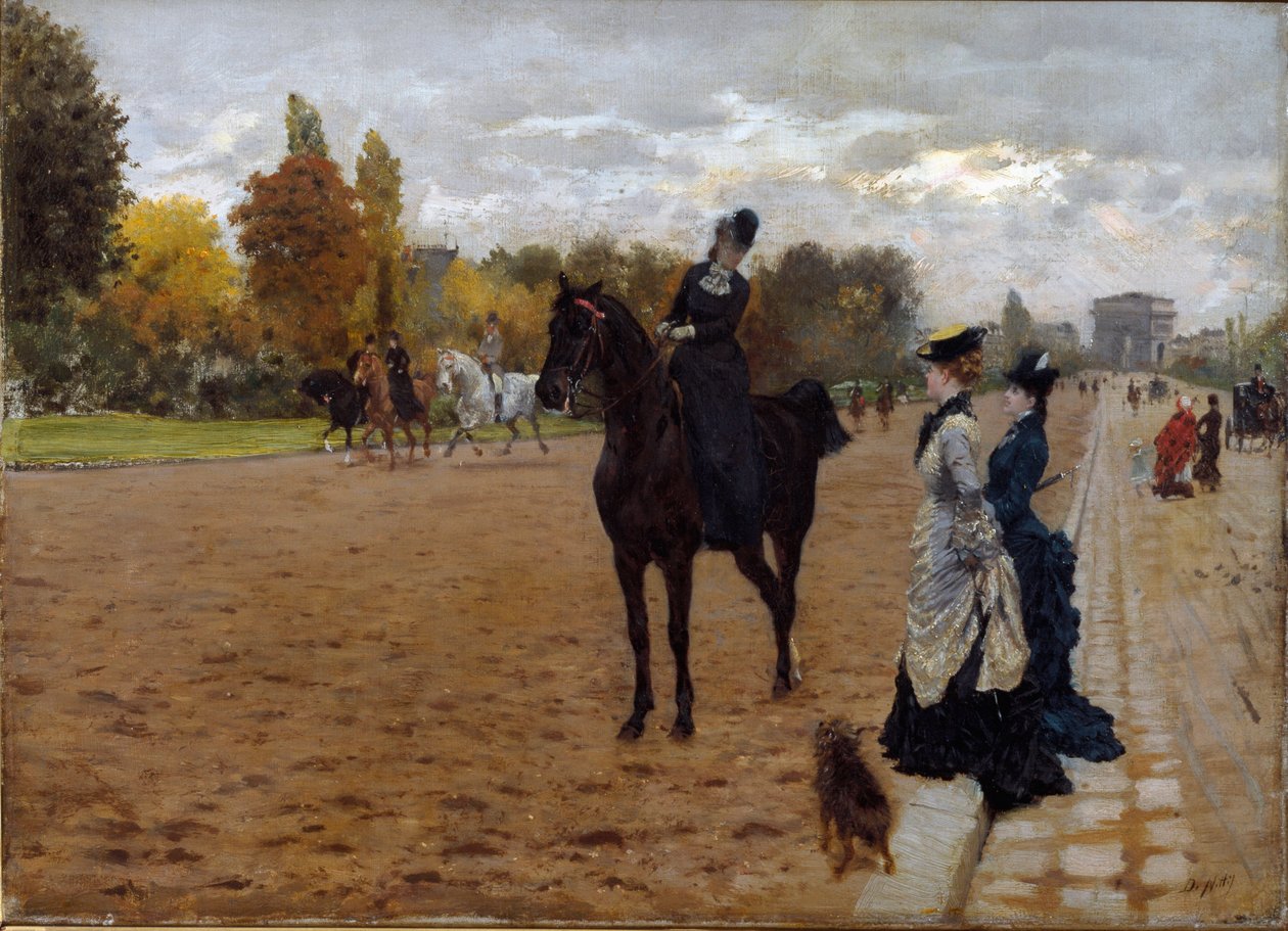 Amazon Cavaliere mluví s chodci Avenue Foch v Paříži. Obraz Giuseppe De Nittis (1846-1884), kolem roku 1875. Olej na plátně. Rozměr: 42 x 31 cm. Genes, Galleria d