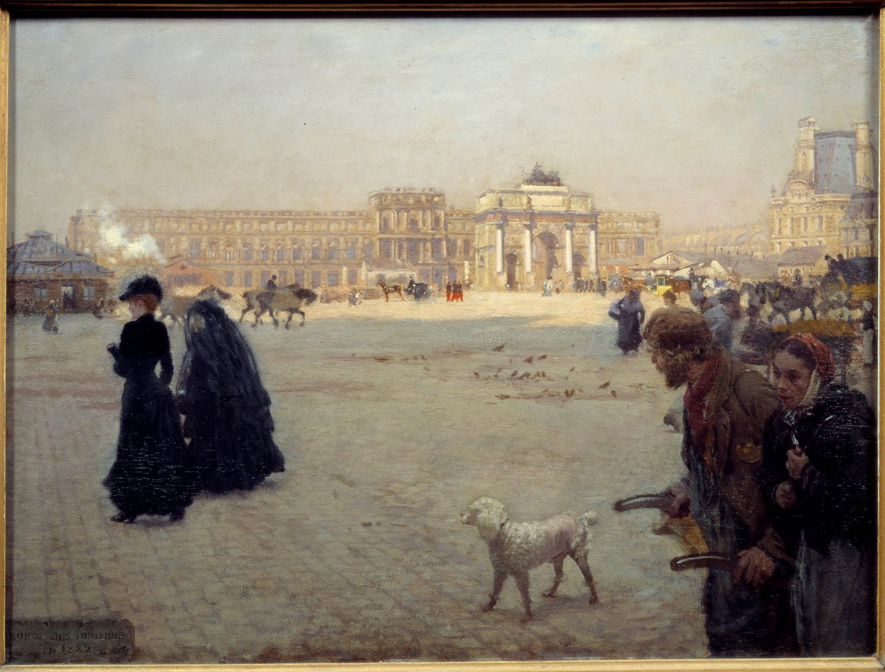 Ruiny Place du Carrousel Tuileries v roce 1882. Stůl představující výhled na Paříž. Obraz Guiseppe Nittis (1846 - 1884) od Giuseppe or Joseph de Nittis