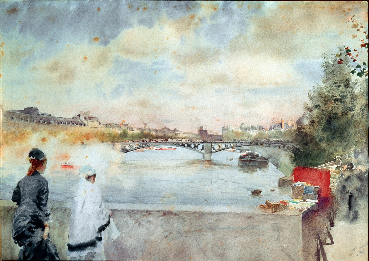 Břehy Seiny Dvě ženy sedící na mostě v Paříži se dívají směrem k řece, vpravo bookmakeri doků. Akvarel od Giuseppe De Nittis (1846-1884) 1875 Galleria d