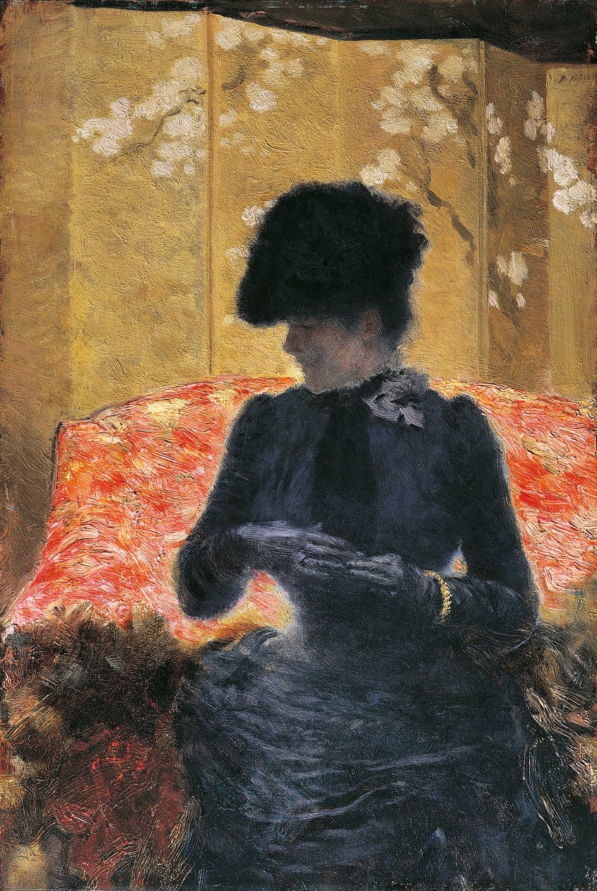 Žena na červené pohovce od Giuseppe or Joseph de Nittis