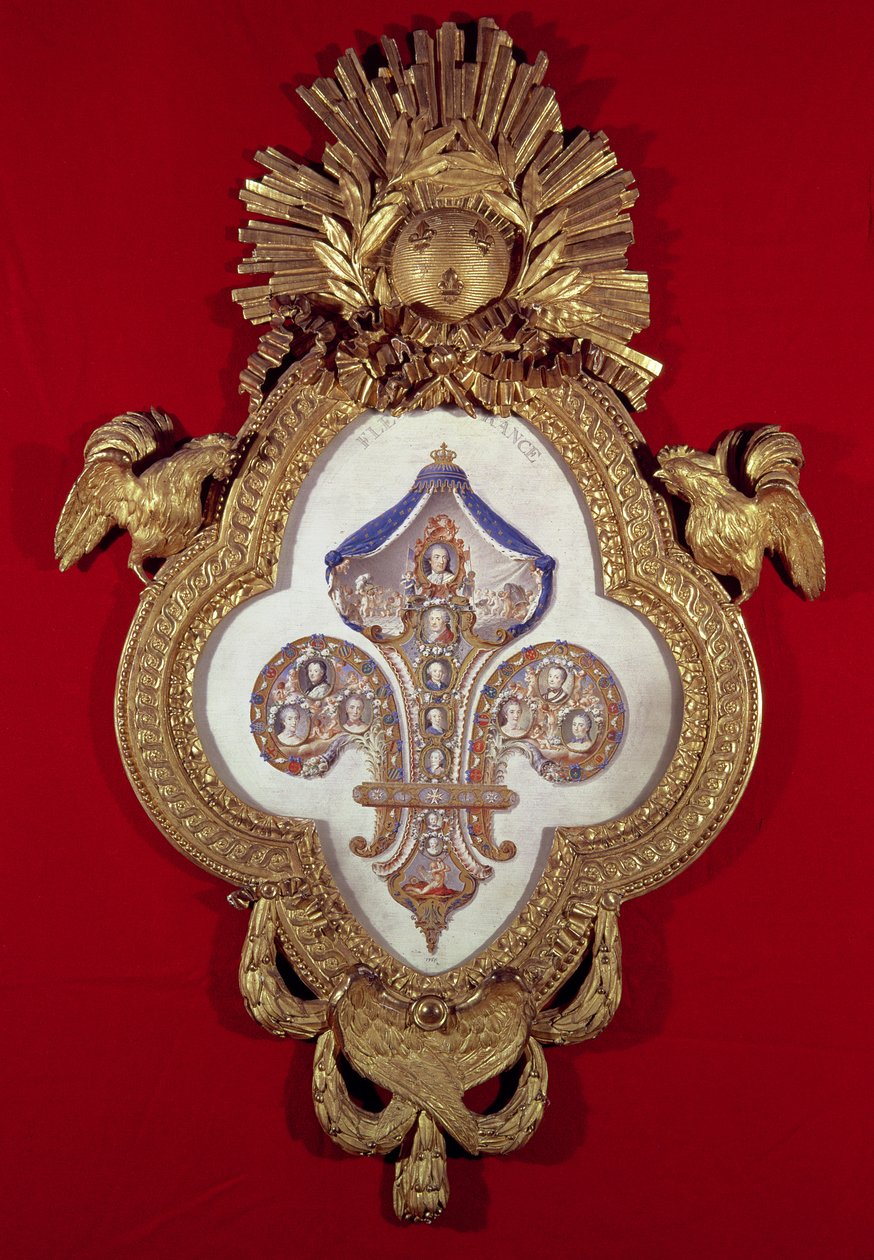 Fleur de France, genealogický strom s třinácti portréty Ludvíka XV. (1710-74) a jeho potomků v rámu ve tvaru fleur-de-lys, 1765 (zlato a smalt) od Glokeur de Surchamps