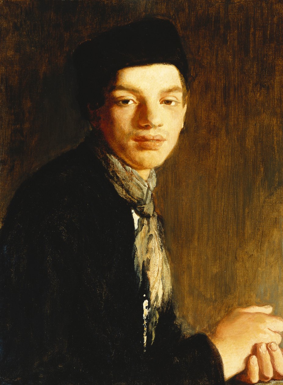 Mladík, poloviční délka, na sobě černý klobouk a šátek na krku, c. 1911 (olej na plátně) od Glyn Warren Philpot