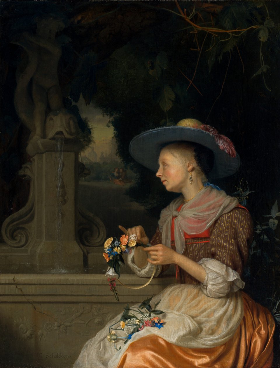 Žena tkající korunu květin od Godefridus Schalcken