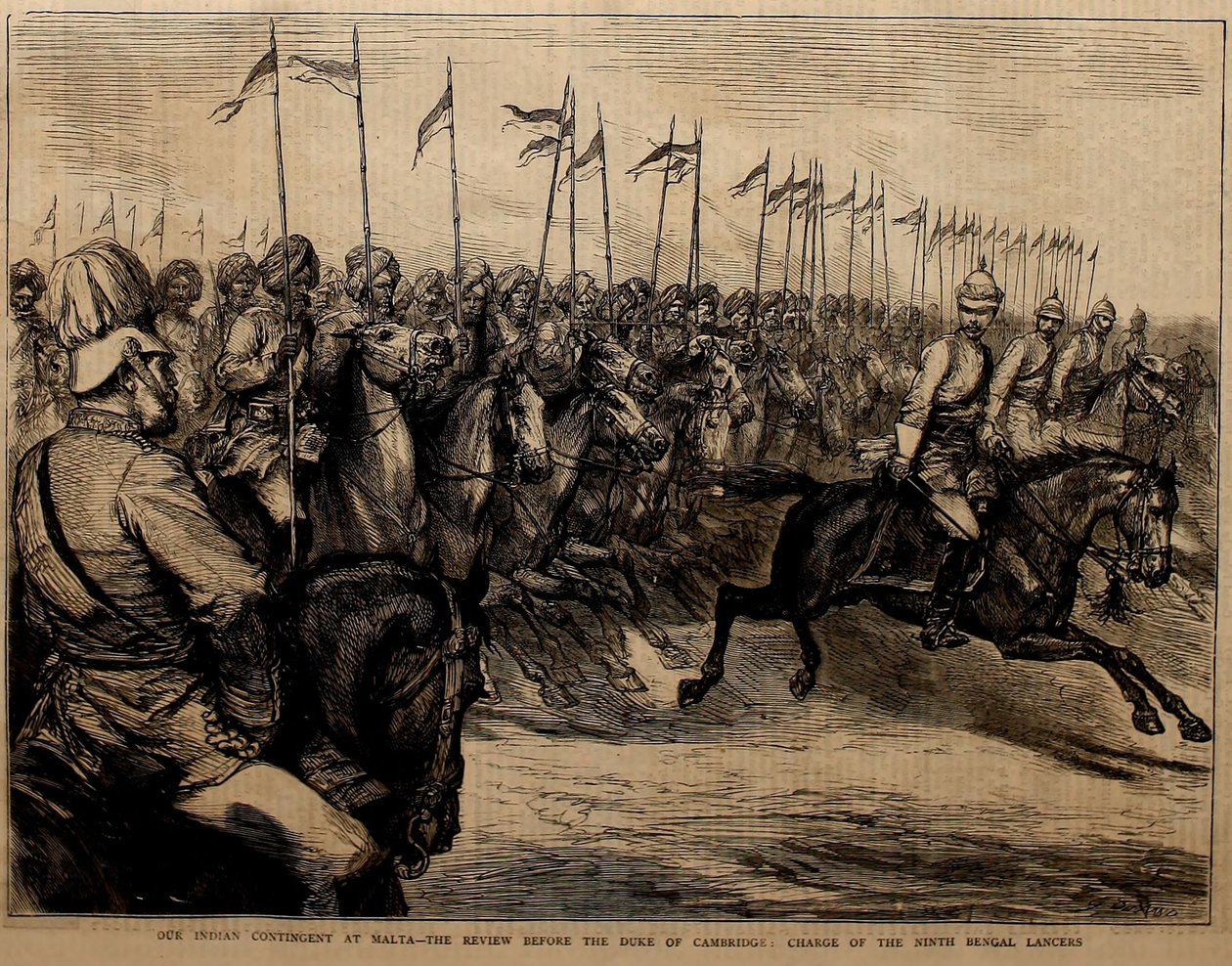 Náš indický kontingent na Maltě, přehlídka před vévodou z Cambridge, velení 9. bengálského lancers. od Godefroy Durand