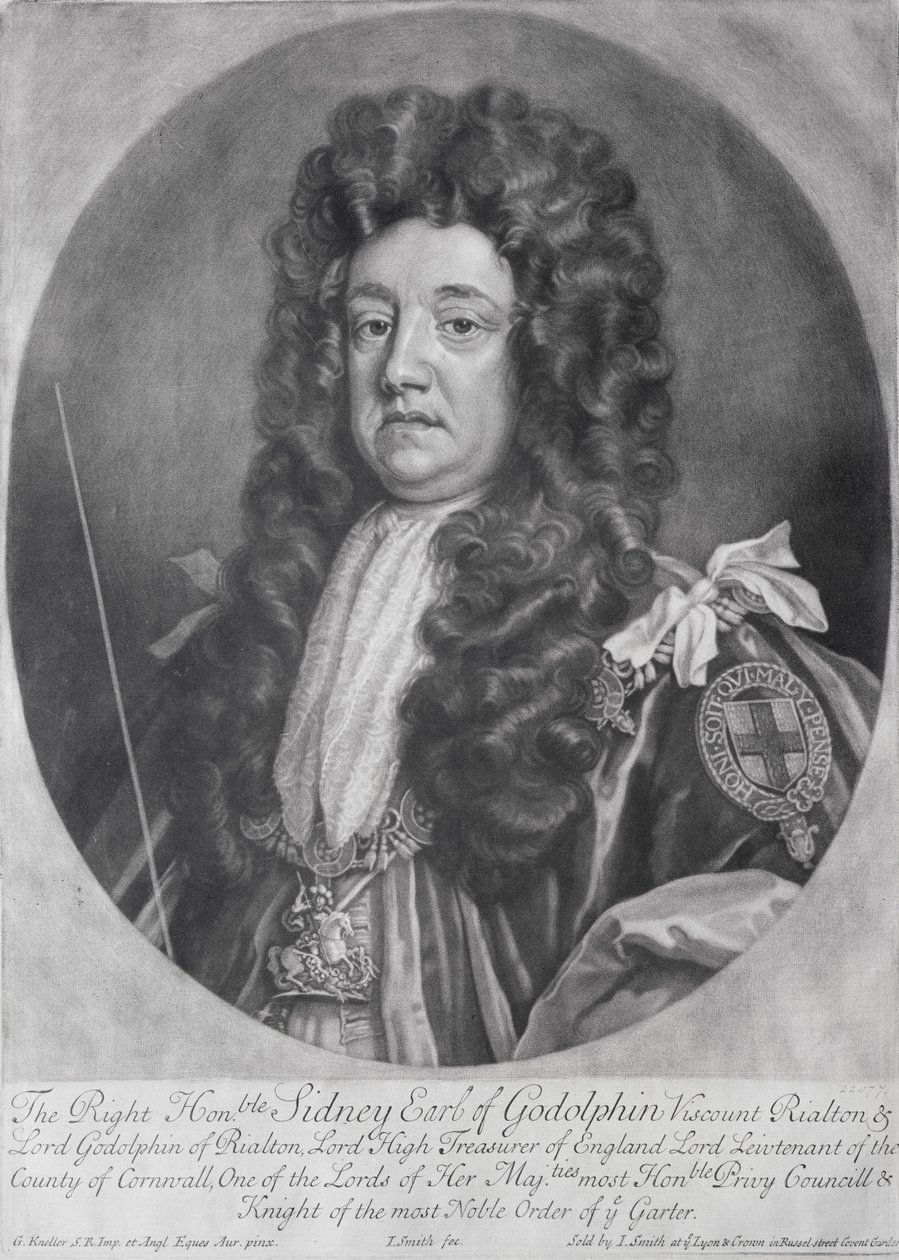 Portrét Sidneyho Godolphina (1645-1712) 1. hraběte z Godolphina vyryl a vydal John Smith (1652-1743) 1707 (mezzotinta) od Godfrey Kneller