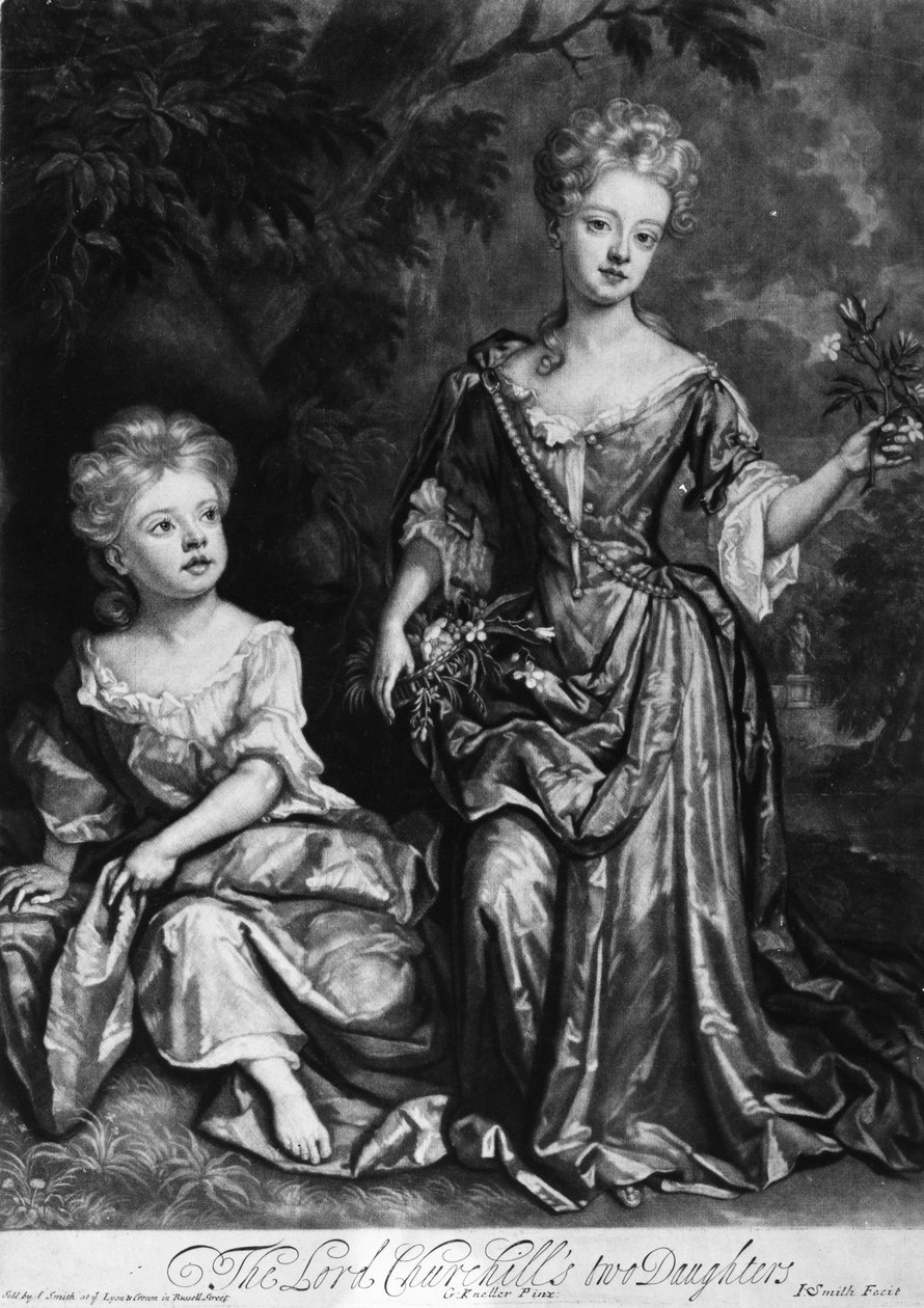 Dvě dcery lorda Churchilla, mezzotinta od Johna Smithe, kolem roku 1690 (mezzotinta) od Godfrey Kneller