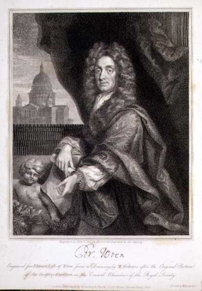 Portrét Christophera Wrena vyrytý pro Elmeho „Life of Wren“ od Godfrey (after) Kneller