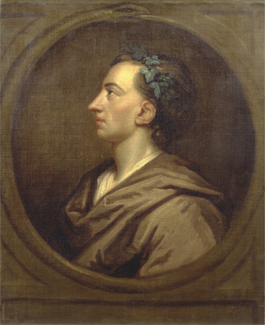 Alexander Pope (1688-1744) Profil, korunovaný břečťanem (olej na plátně) od Godfrey (studio of) Kneller