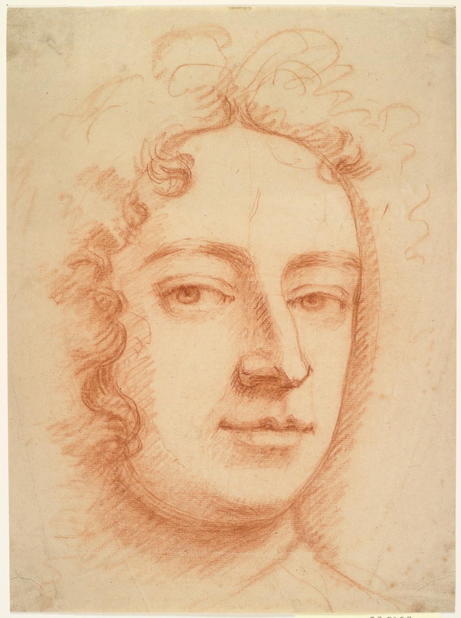 Tvář muže, tříčtvrteční, hledící přímo na diváka, možná autoportrét od Godfrey Kneller