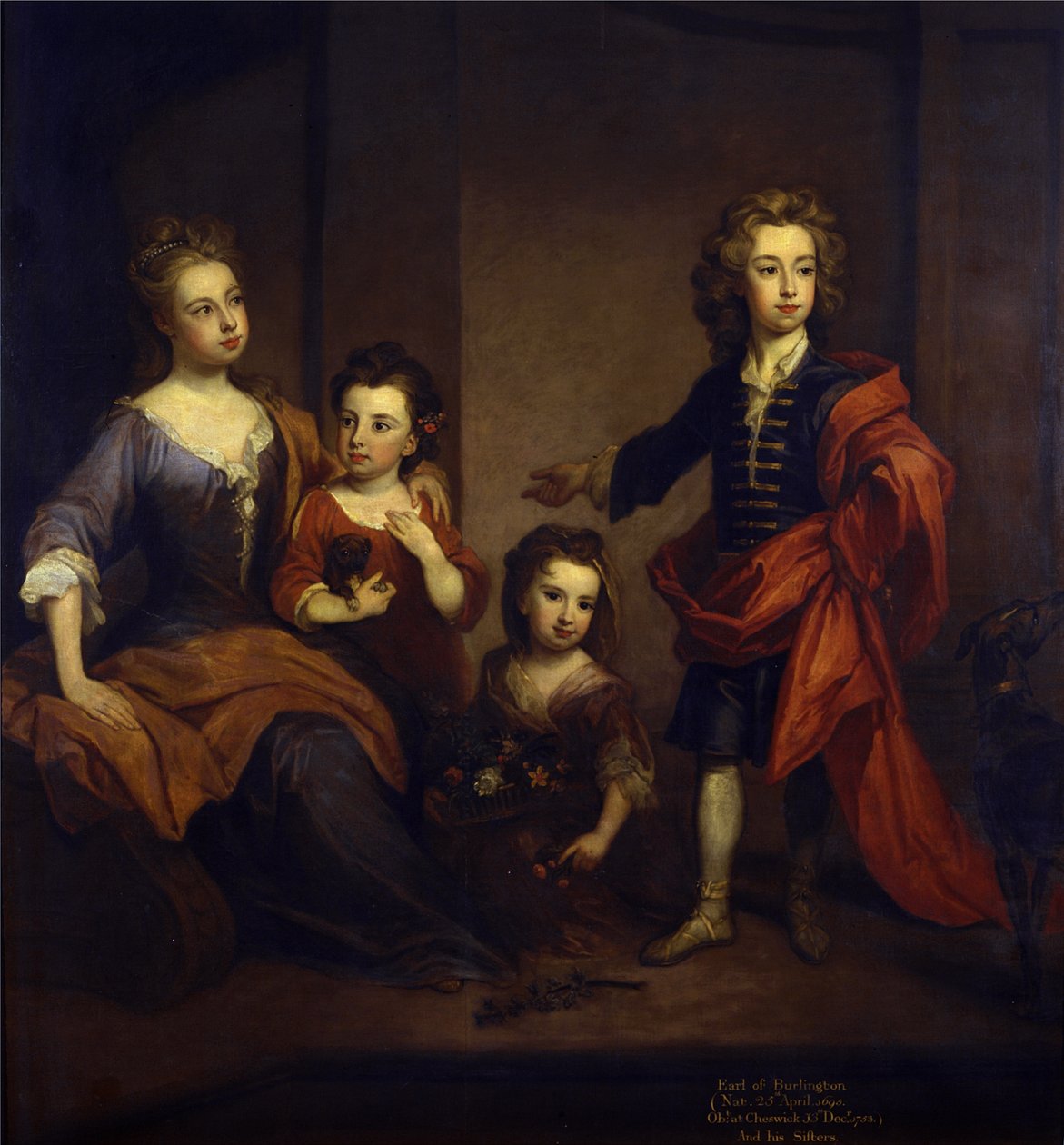 Portrét Richarda Boylea, 3. hraběte z Burlingtonu, se svými třemi sestrami, Elizabeth, Julianou a Jane Boyleovými, kolem roku 1700 (olej na plátně) od Godfrey Kneller