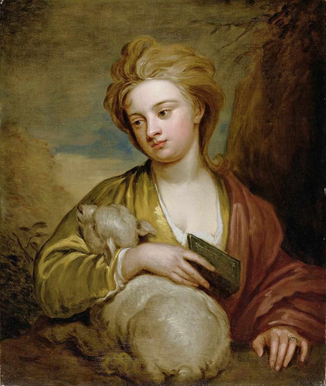 Portrét ženy jako svatá Anežka, tradičně identifikovaná jako Catherine Voss, kolem 1705-10 (olej na plátně) od Godfrey Kneller