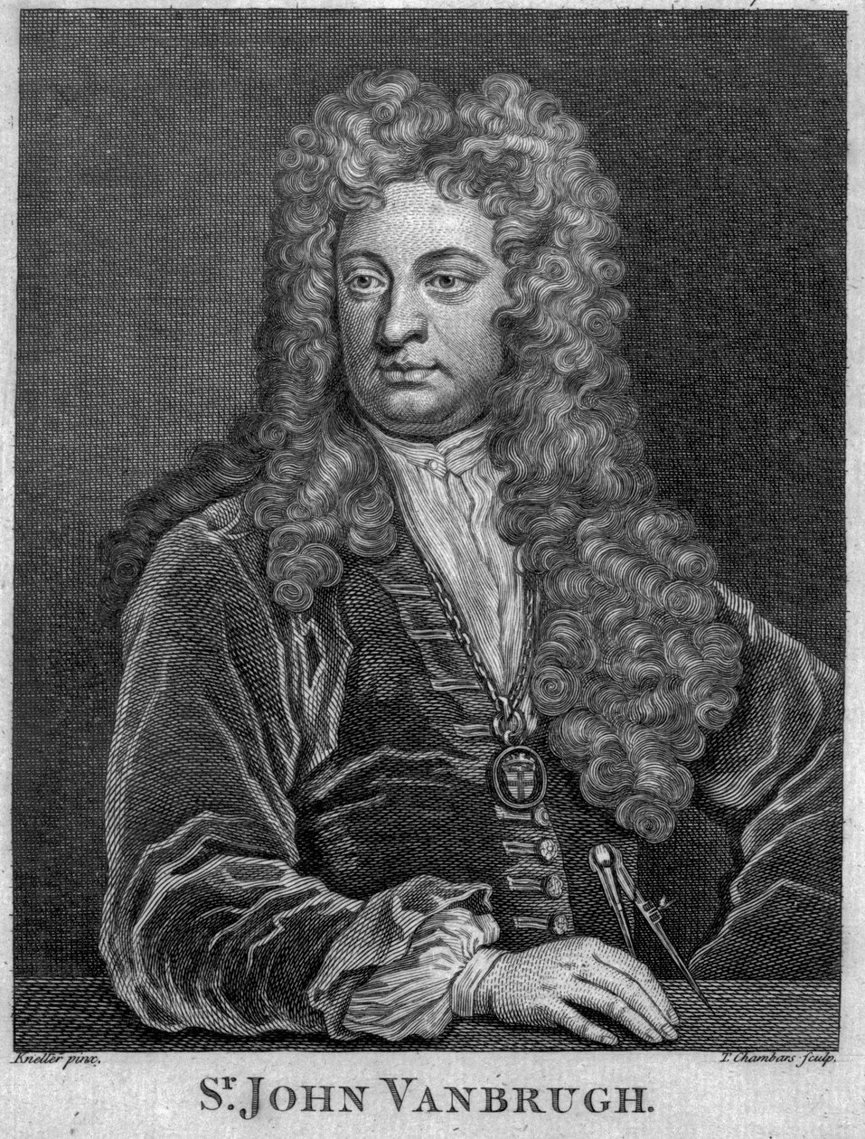 Sir John Vanbrugh, rytý Thomas Chambars (rytina) od Godfrey Kneller