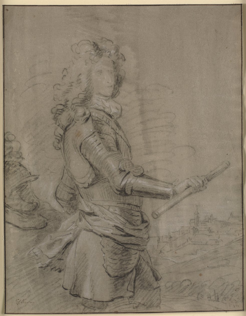 Tříčtvrteční portrét velitele v brnění a s holí v pravé ruce. V pozadí krajina s městem od Godfrey Kneller