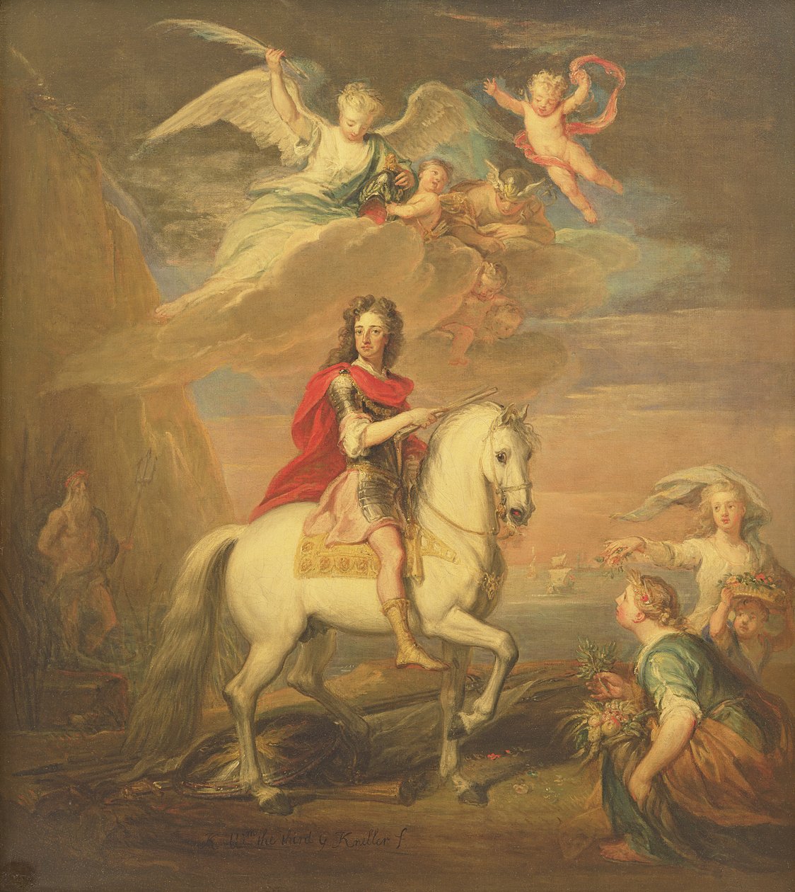 William III na šedé nabíječce pozorované Neptunem, Ceres a Florou. Merkur na obloze a Astrea od Godfrey Kneller