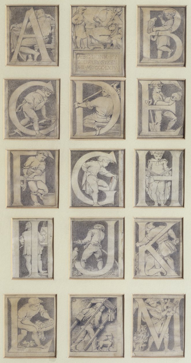 A-M, design pro třináct písmen pro abecedu pro South Kensington Museum, 1864 (tužka a šedá barva) od Godfrey Sykes