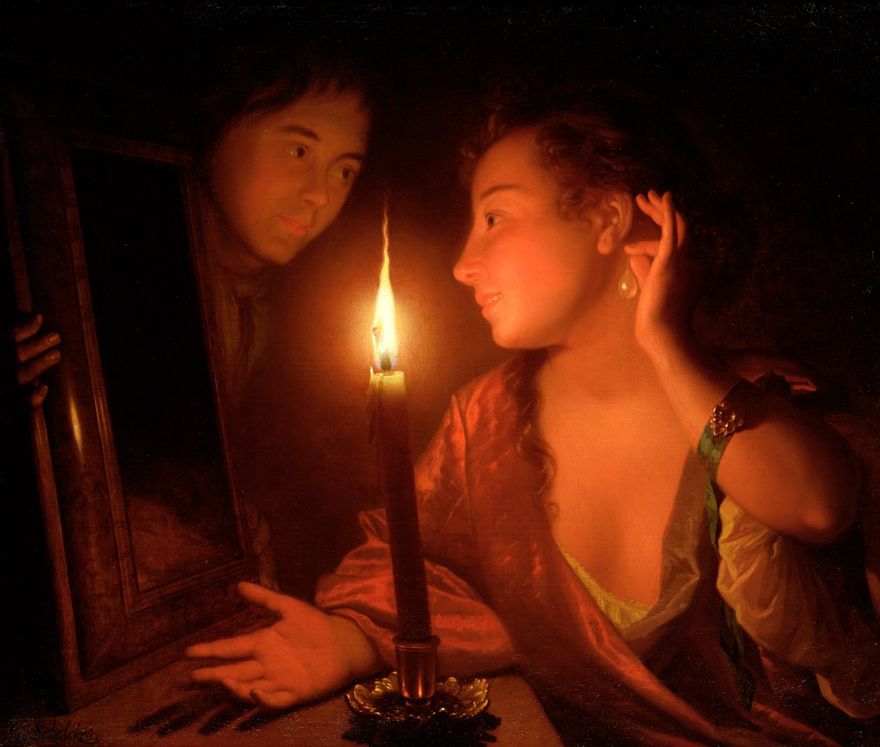 Dáma obdivující náušnici při svíčkách od Godfried Schalcken