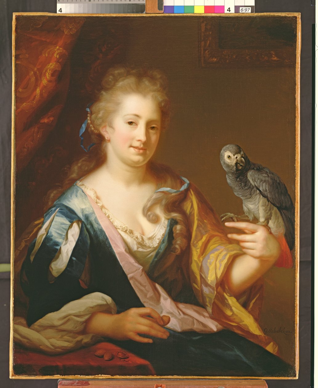 Portrét dámy krmící papouška od Godfried Schalcken