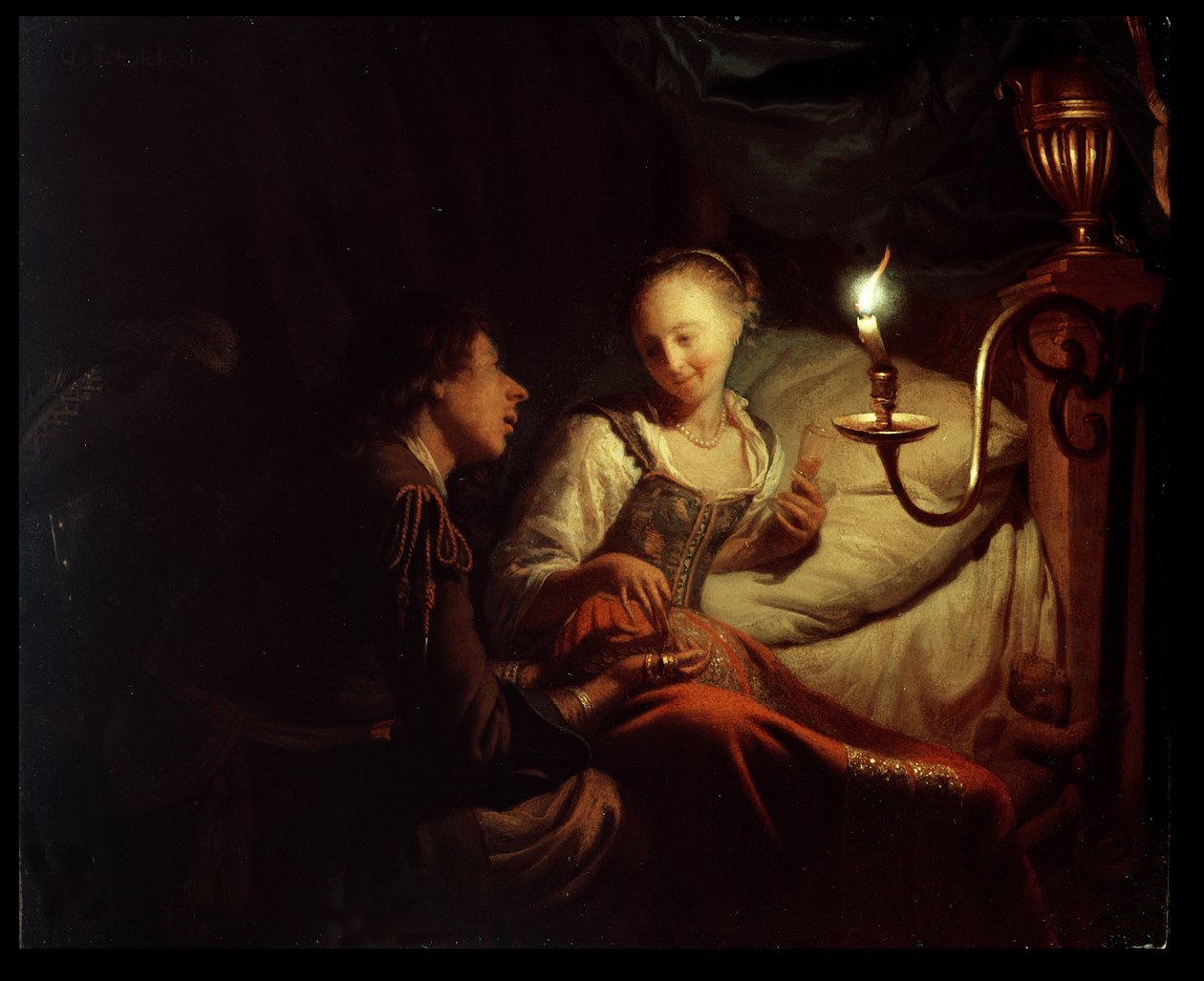 Scéna při svíčkách: Muž nabízející dívce sedící na posteli zlatý řetěz a mince, kolem 1665-70 (olej na mědi) od Godfried Schalcken