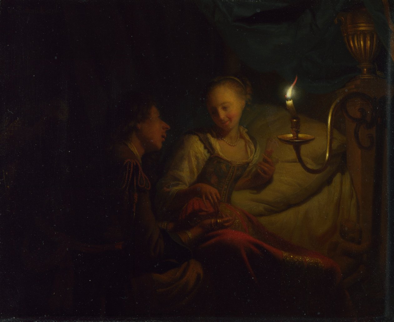 Scéna se svíčkami. Muž nabízí zlatý řetěz a mince dívce sedící na posteli, ca. 1665-1667 od Godfried Cornelisz Schalcken