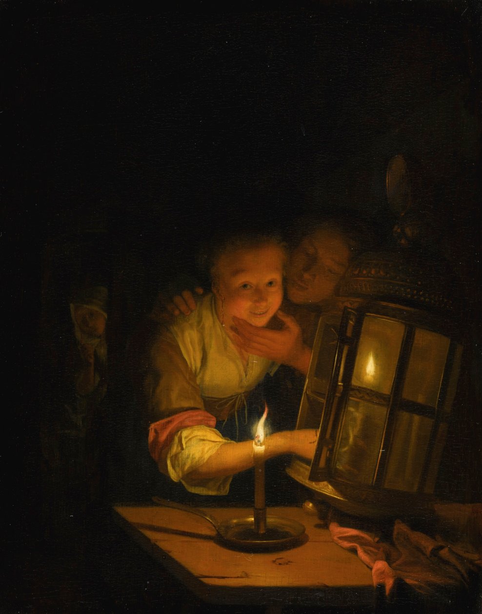 Milenecký pár přistižený při zapalování lucerny od Godfried Schalcken