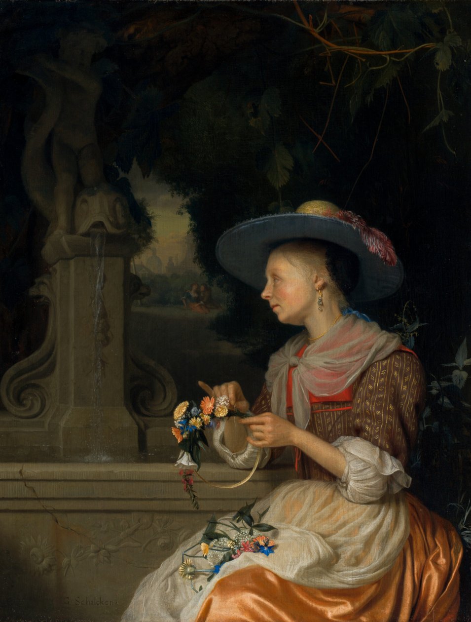 Žena tkající korunu z květin, c. 16751680. od Godfried Schalcken