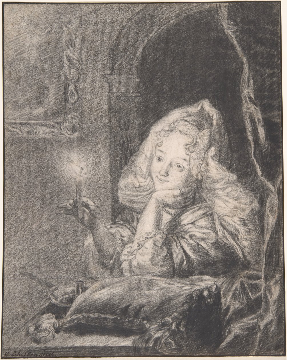Mladá žena sedící u stolu a držící svíčku od Godfried Schalcken