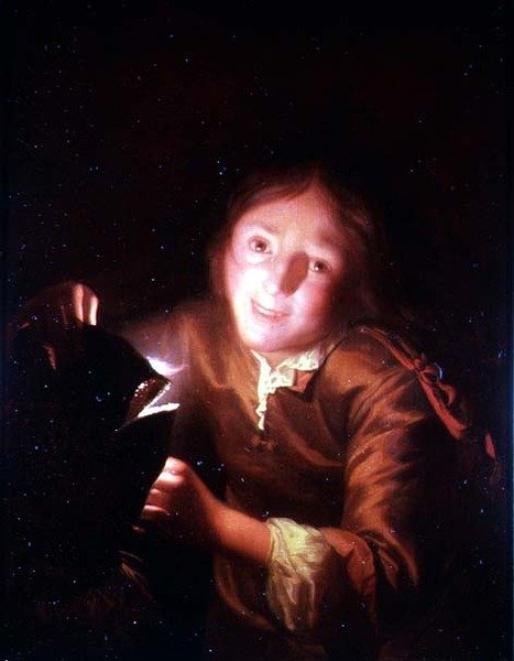 Mladý chlapec drží svíčku za halloweenskou maskou od Godfried Schalcken