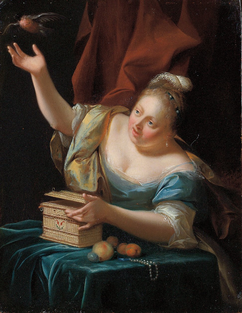 Žena sedící u stolu v přepychovém kostýmu, vysvobozující zpěvného ptáka z klece od Godfried Schalcken