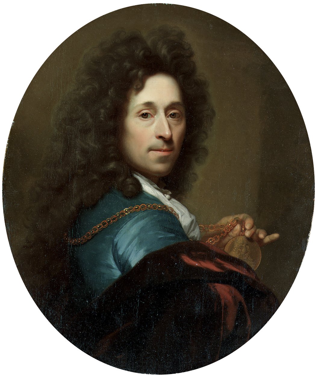 Portrét umělce v modrém kabátě a hnědé sametové plášti s medailonem kurfiřta Palatina Johanna Wilhelma od Godfried Schalcken