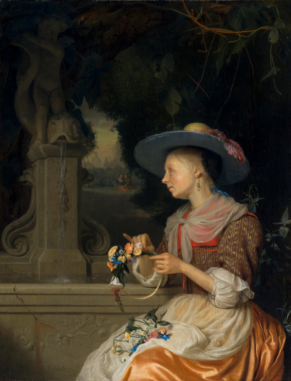 Žena tkající korunu z květin, c.1675-80 od Godfried Schalcken