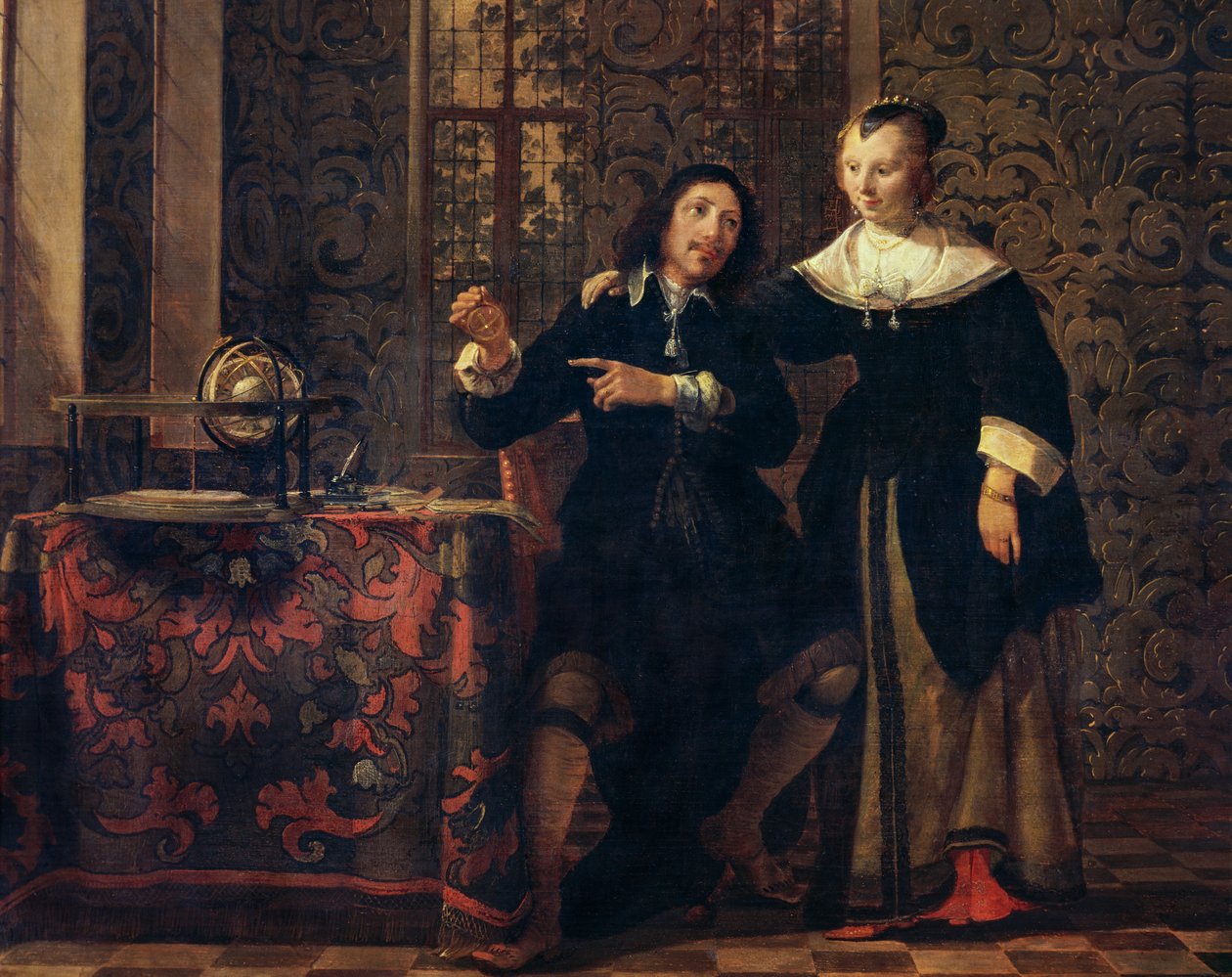 Astronom a jeho žena, obraz Gonzales Coques (1614 cca-1684), olej na desce, 405x505 cm od Gonzales Coques