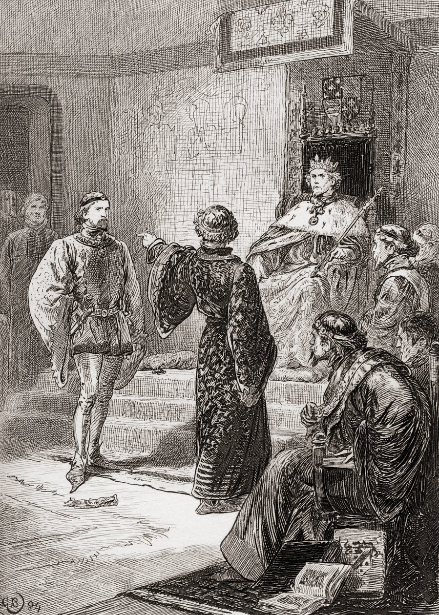 Scéna z knihy Williama Shakespeara Král Richard II, 1. dějství, 1. scéna, Bolingbroke: z díla Williama Shakespeara, vydaného roku 1896. od Gordon Frederick Browne