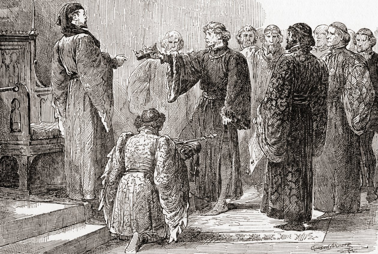 Scéna z díla Williama Shakespeara Král Richard II, IV. dějství, 1. scéna, Král Richard: Zde, bratranče, uchop korunu, z díla Williama Shakespeara, vydaného roku 1896. od Gordon Frederick Browne