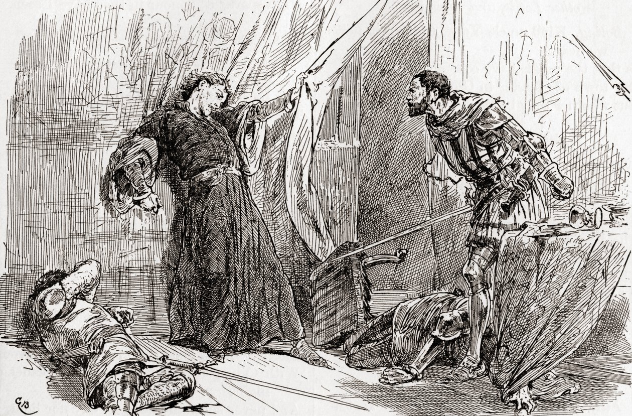Scéna z díla Williama Shakespeara Král Richard II, V. dějství, 5. scéna, Král Richard: Exton, tvoje divoká ruka královou krví zbarvila královskou zemi, z díla Williama Shakespeara, vyd. od Gordon Frederick Browne