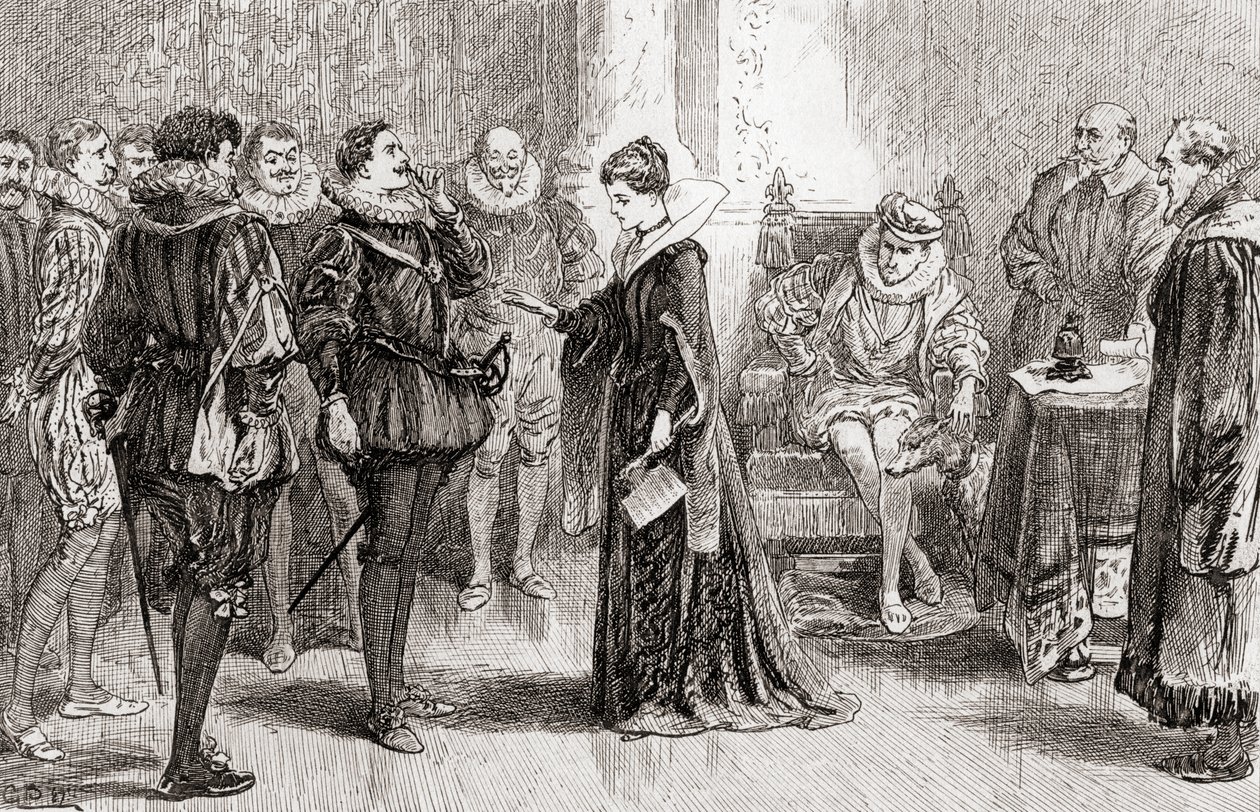 Scéna z divadelní hry Williama Shakespeara Vše dobré, co dobře dopadne, 2. dějství, 3. scéna, Helena Bertramovi: z díla Williama Shakespeara, vydaného roku 1896. od Gordon Frederick Browne