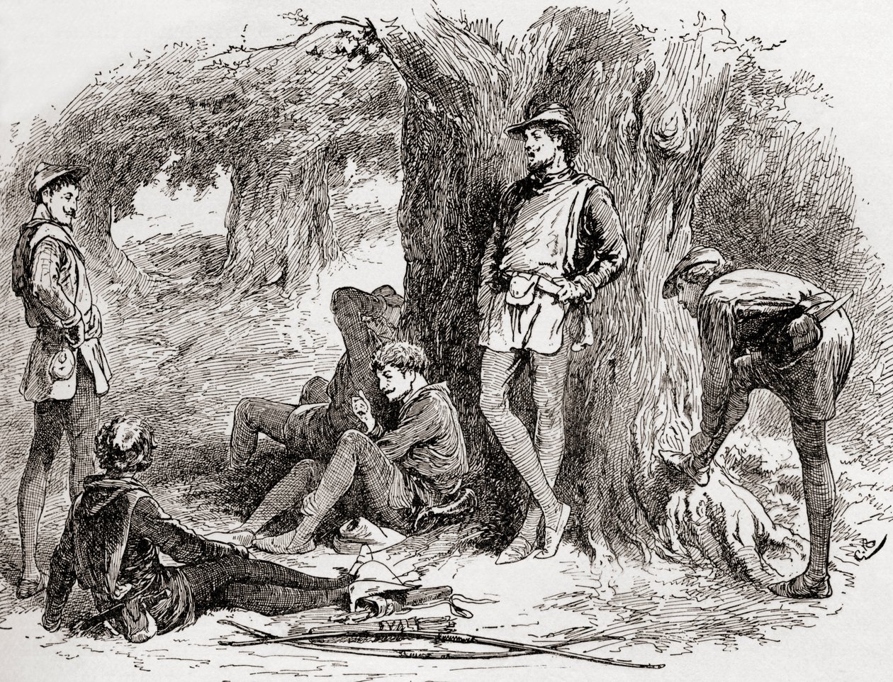 Scéna ze hry Williama Shakespeara Jak se vám líbí, II. dějství, 5. scéna, Amiens: Pod zeleným stromem, který se mnou rád leží a svůj veselý tón do hrdla sladkých ptáků pouští. Pojď sem, pojď. od Gordon Frederick Browne