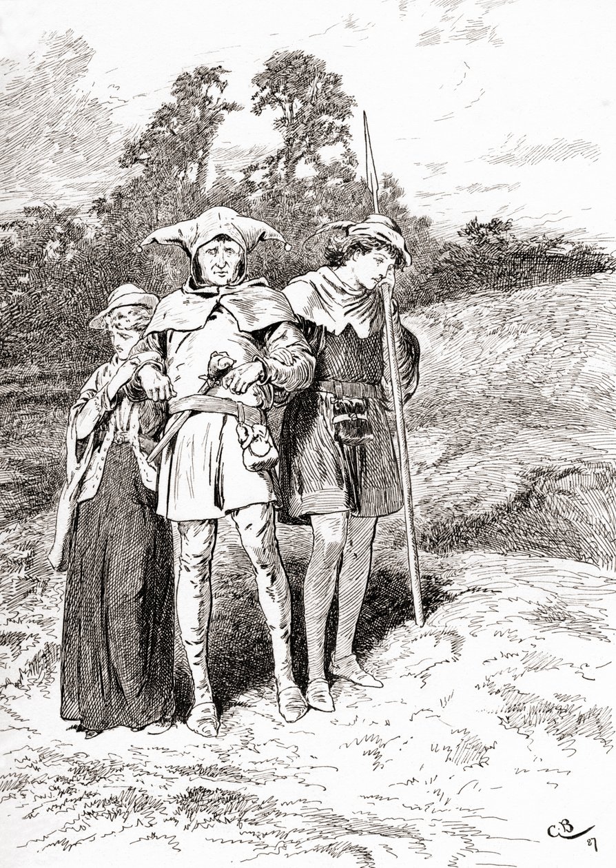 Scéna ze hry Williama Shakespeara Jak se vám líbí. Druhé dějství, čtvrtá scéna, Touchstone: z díla Williama Shakespeara, vydaného roku 1896. od Gordon Frederick Browne