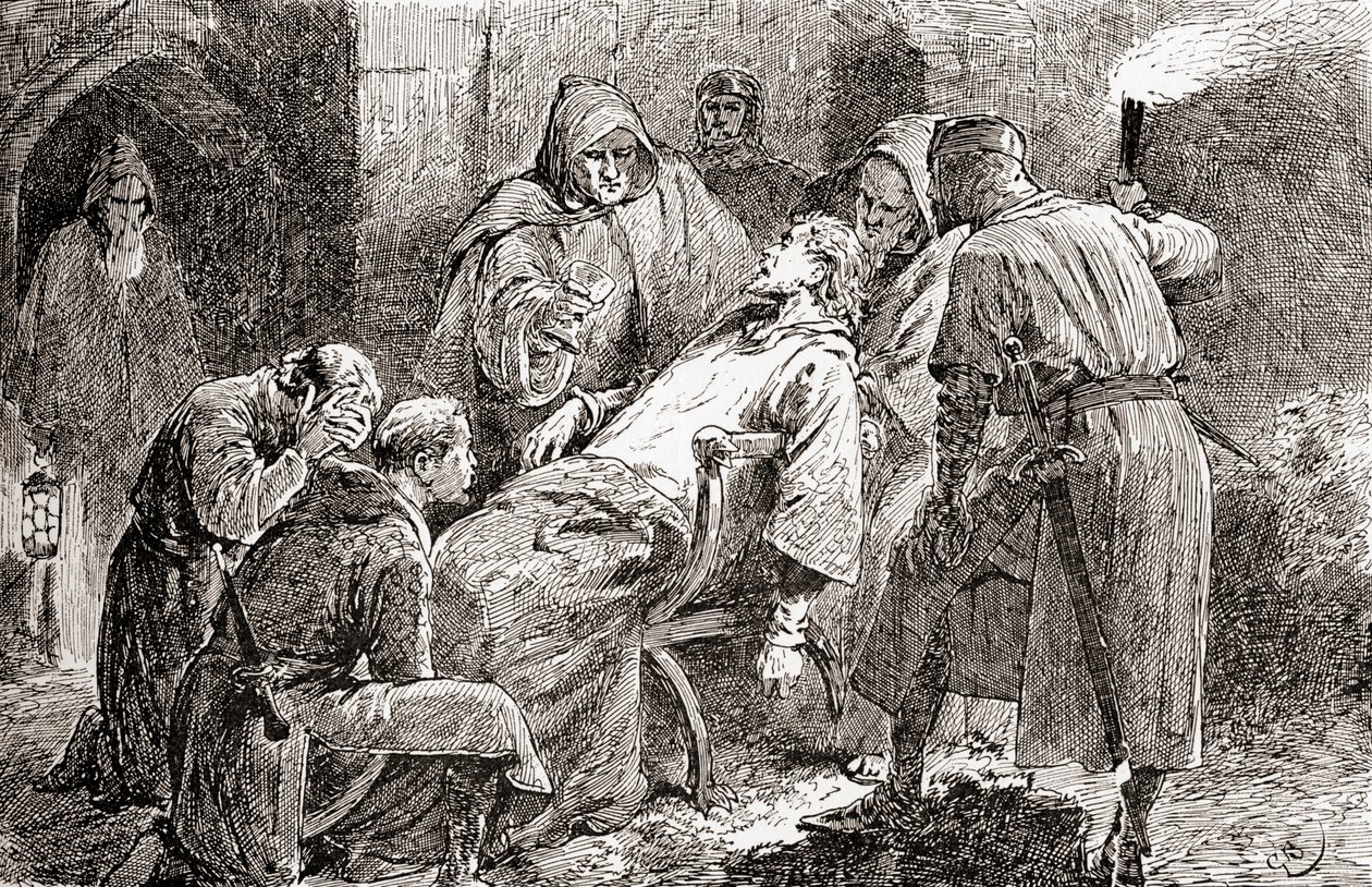 Scéna ze hry Williama Shakespeara Král Jan, V. dějství, 7. scéna, Král Jan: Poisond, ill fare, dead, forsook, cast off, z díla Williama Shakespeara, vydáno 1896. od Gordon Frederick Browne