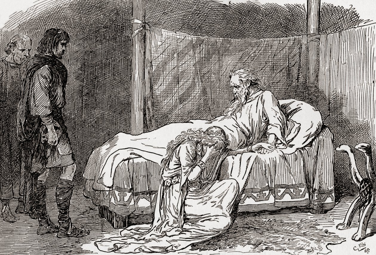 Scéna ze hry Williama Shakespeara Král Lear, IV. dějství, 7. scéna, Lear: Neplačte, prosím. Máš-li pro mě jed, vypiju ho. Vím, že mě nemiluješ, neboť tvé sestry mají, jak si vzpomínám. od Gordon Frederick Browne