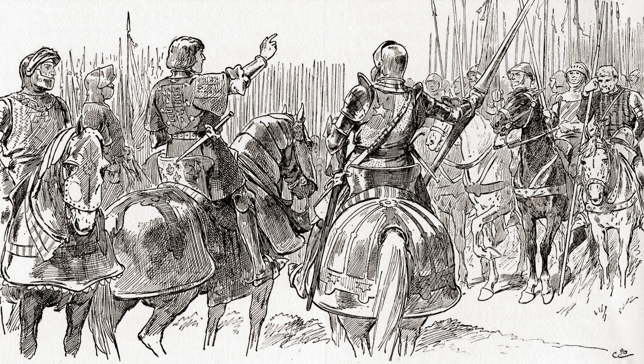 Scéna ze hry Williama Shakespeara Král Richard III, V. dějství, 2. scéna, Richmond: Z díla Williama Shakespa: "Přátelé ve zbrani a moji nejmilejší přátelé, zmoženi pod jhem tyranie od Gordon Frederick Browne